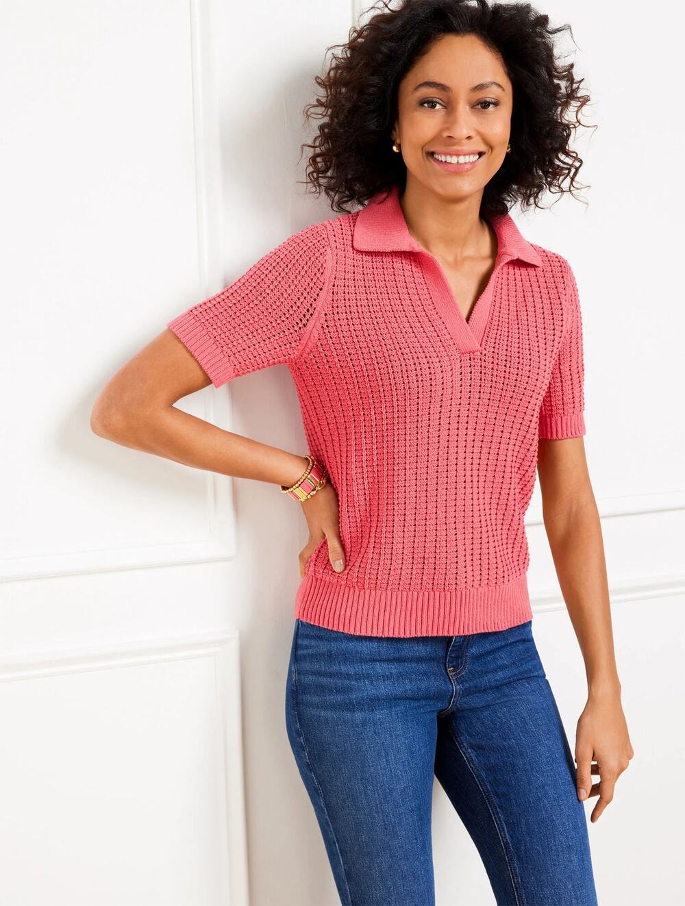NEW Talbots Pointelle Polo Sweater Women's Red Open Knit Short Sleeve Size M
